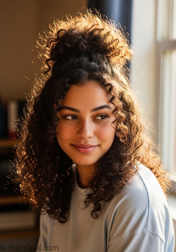 Young woman with half up curly bun easy hairstyles for school curly hair medium updo
