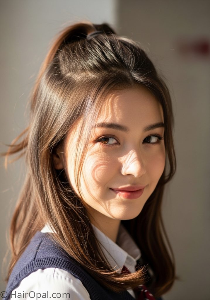 Young woman with half up easy hairstyles for school medium hair simple down