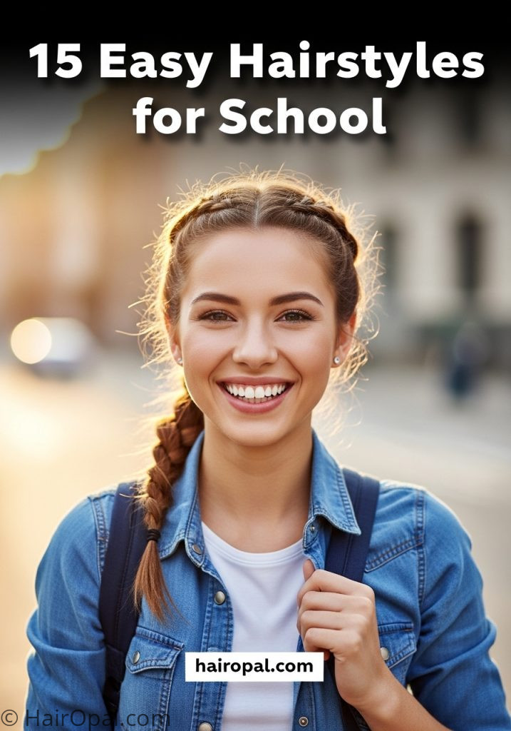 Young woman with half up braid easy hairstyle for school with text 15 easy hairstyles for school