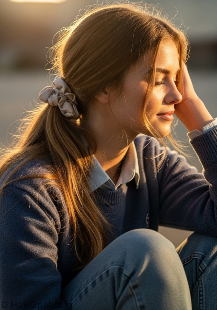 Young woman with low ponytail easy hairstyles for school long hair simple down