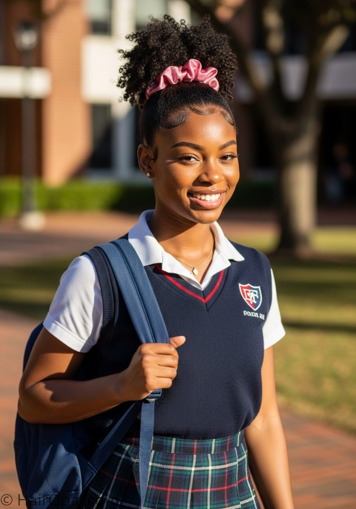 Black young woman with natural puff easy hairstyles for school natural hair curly