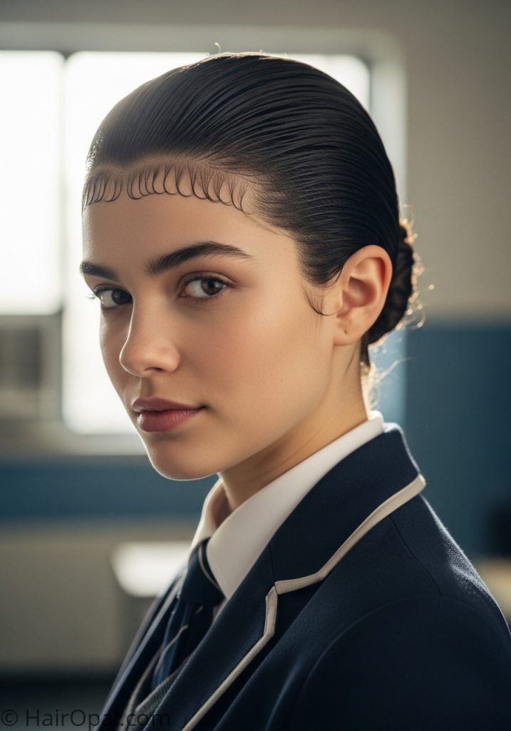 Young woman with slicked bun easy hairstyles for school short hair updo