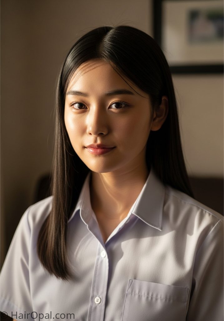 Young woman with straight hair middle part easy hairstyles for school straight hair down simple