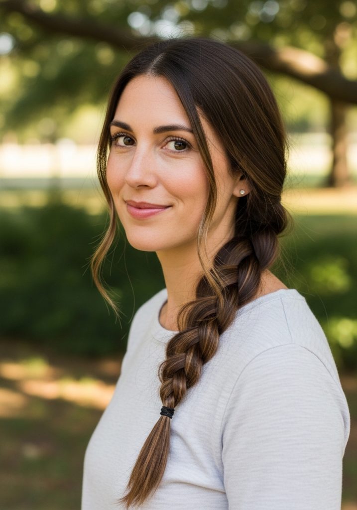  Woman with easy three strand braid hairstyle, simple and classic look