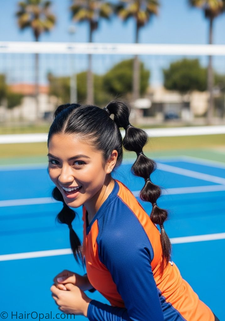 Young woman with bubble braid easy volleyball hairstyles bubble braids long hair