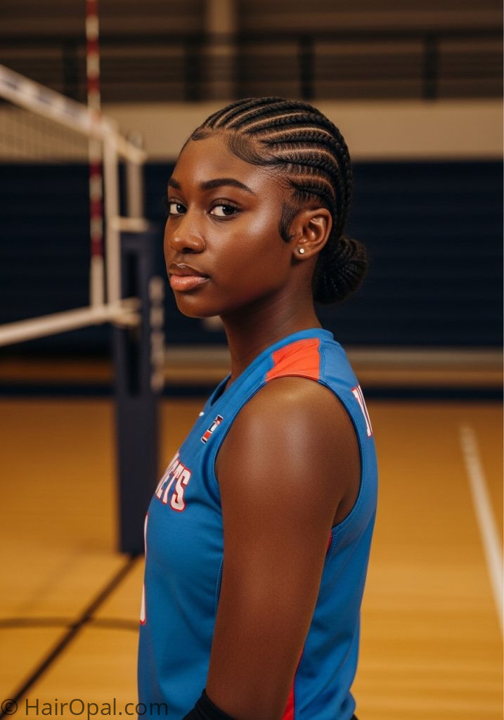 Black young woman with cornrows easy volleyball hairstyles no braids curly natural hair