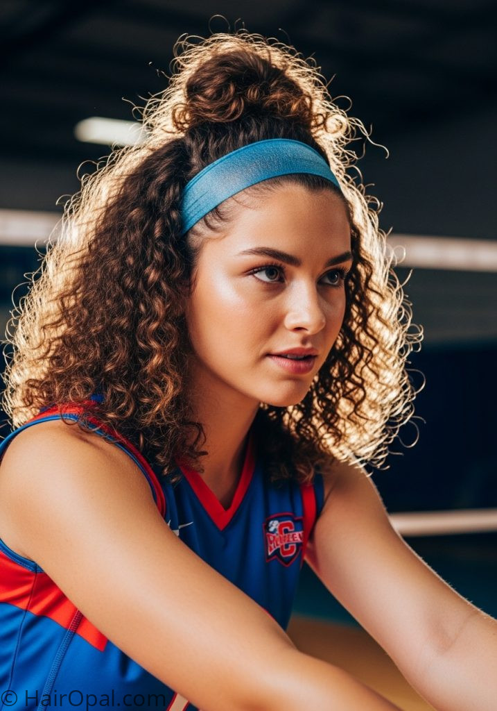 Young woman with curly half up bun easy volleyball hairstyles curly hair medium no braids