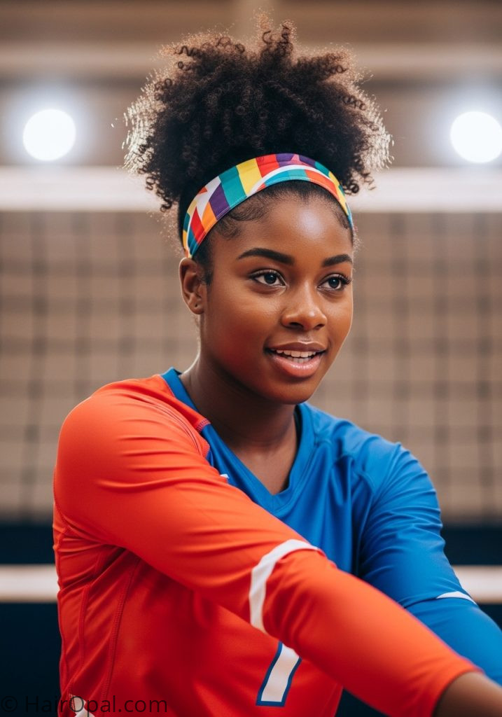 Black young woman with curly puff ponytail easy volleyball hairstyles curly hair natural