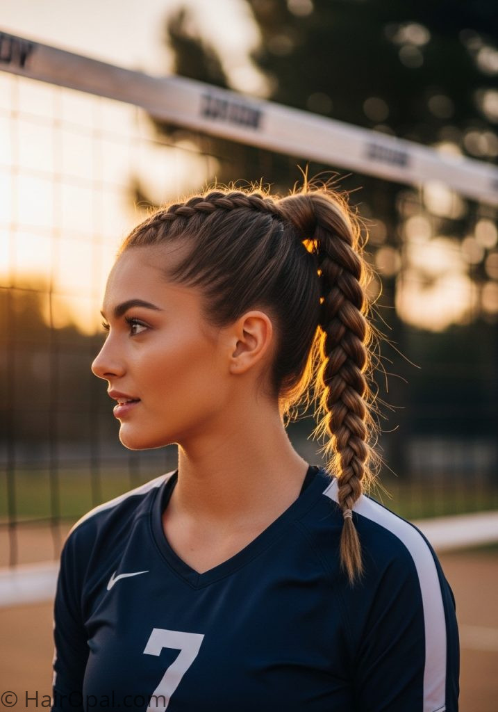  Young woman with Dutch braid ponytail easy volleyball hairstyles for long hair tutorials