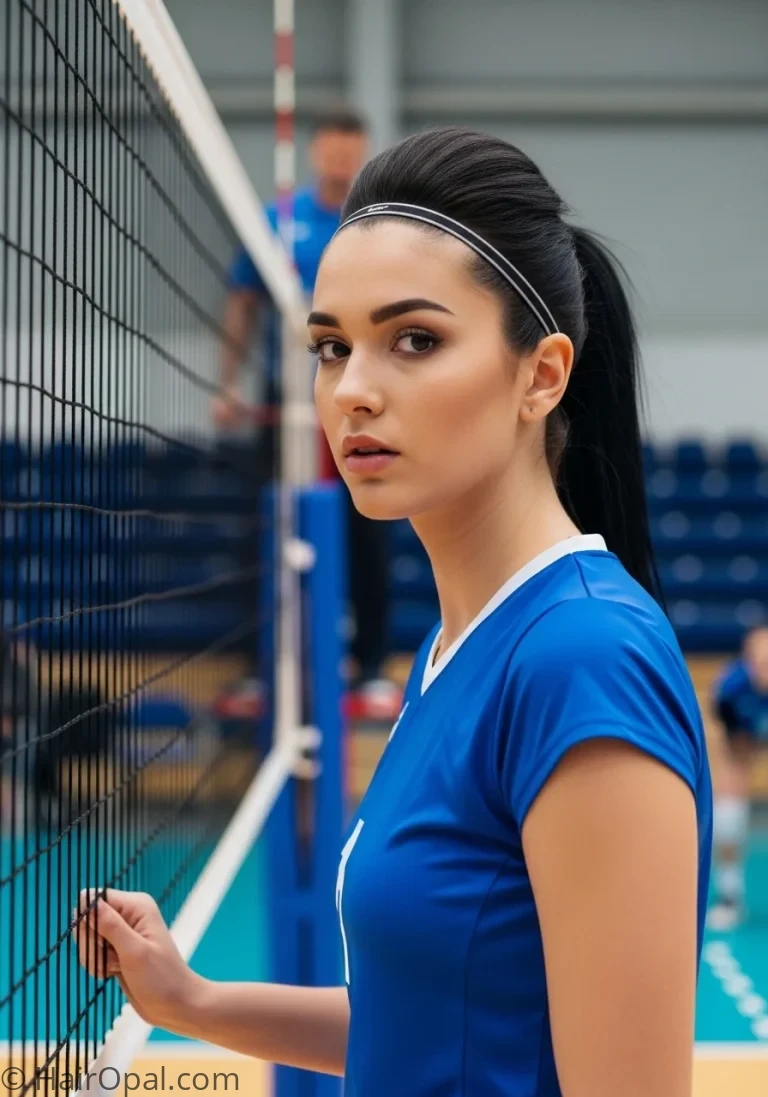 easy volleyball hairstyles young woman with high ponytail headband on volleyball court
