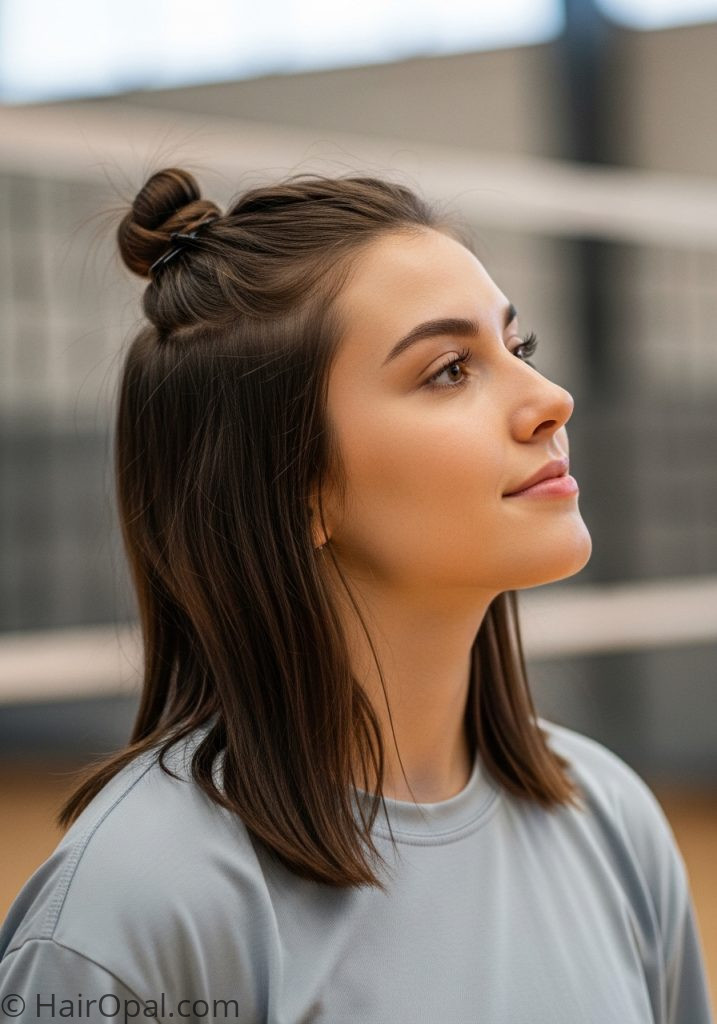 Young woman with half up twisted knot easy volleyball hairstyles no braids medium hair