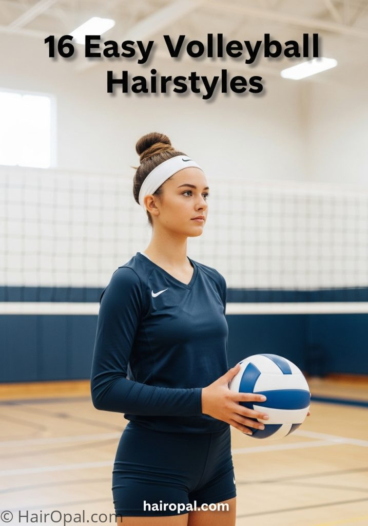 Volleyball player with high bun headband with text 16 easy volleyball hairstyles