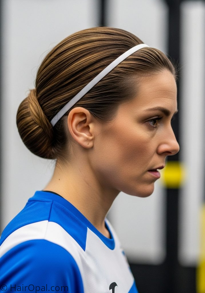 Young woman with low bun easy volleyball hairstyles no braids bun medium hair