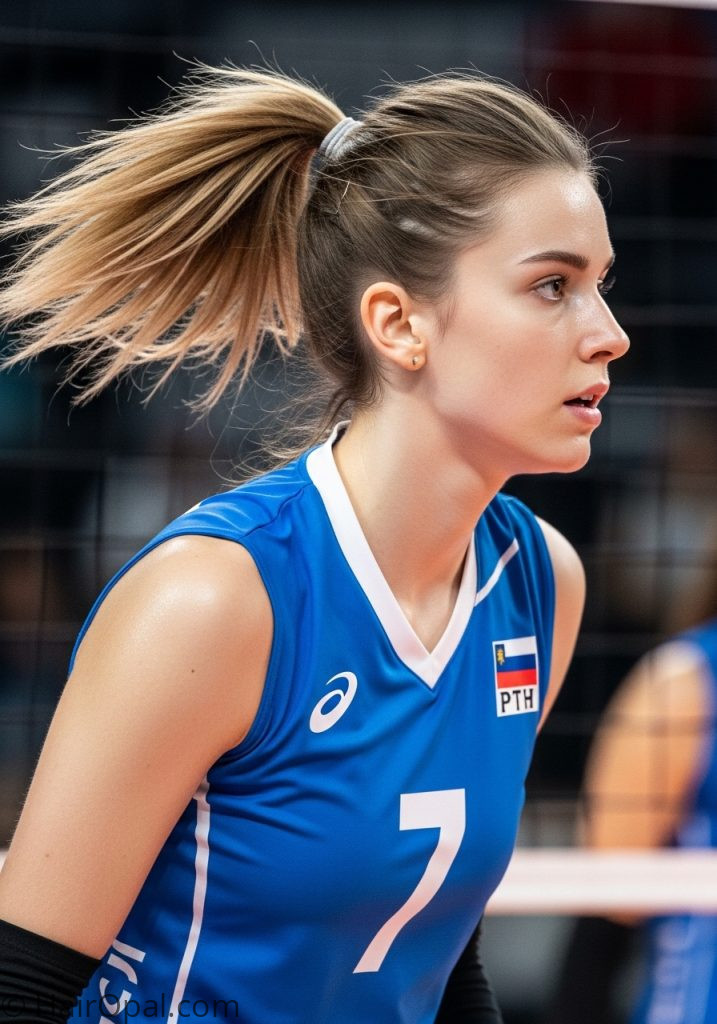 Young woman with teased thin hair ponytail easy volleyball hairstyles for thin hair ponytail