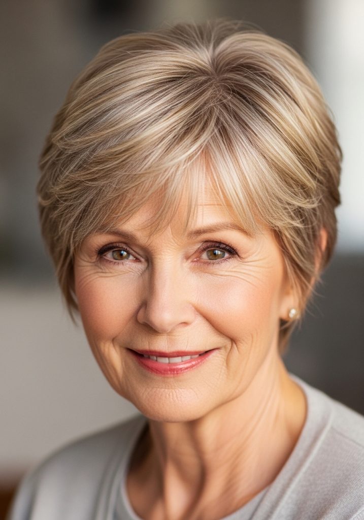 Older woman with feathered pixie short haircut for fine hair, light and voluminous look