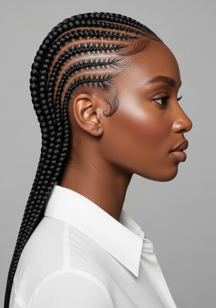 Woman with feed in braids hairstyle, sleek seamless cornrows with natural look