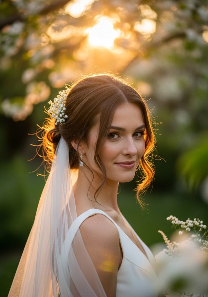 Bride with floral embellished updo hairstyle for wedding, romantic and dreamy look