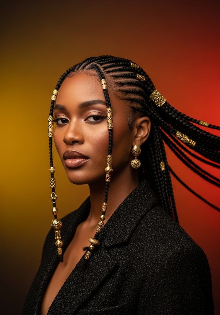 Black woman with fulani braids hairstyle, centre part with beads and cuffs 2026 
