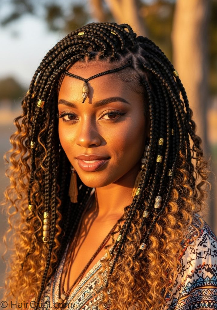 Black woman with boho Fulani braids curly ends fulani braids hairstyles designs boho with curls