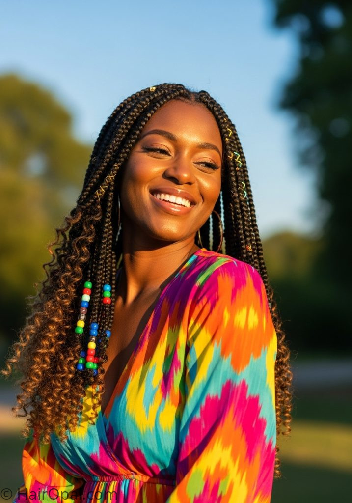 Black woman with boho summer Fulani braids curly ends fulani braids hairstyles designs boho with curls