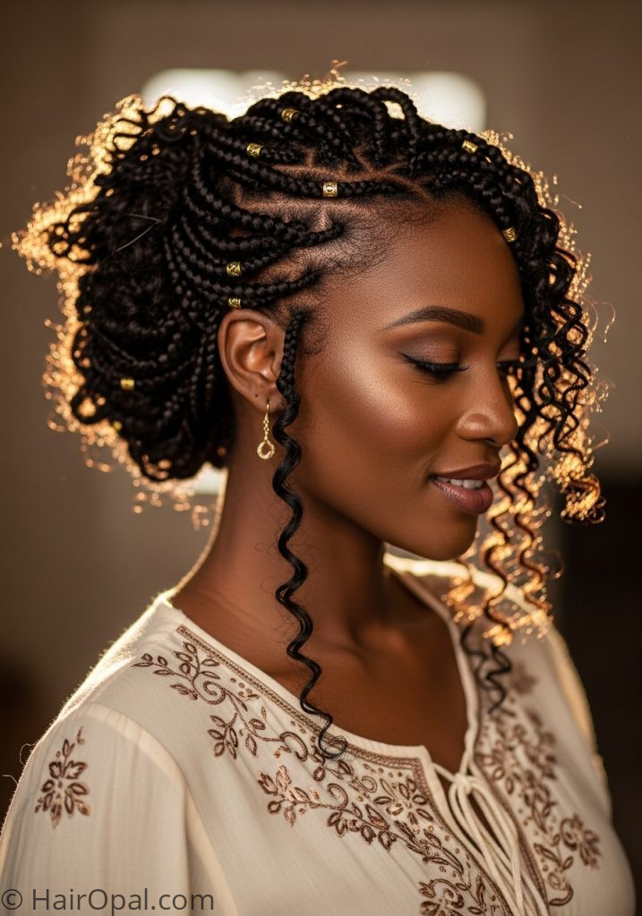 Black woman with Fulani braids boho updo fulani braids hairstyles designs boho updo