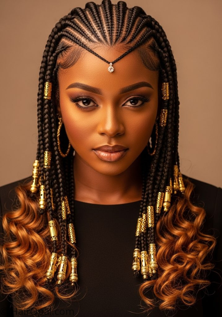 Black woman with classic Fulani braids gold beads cuffs fulani braids hairstyles with beads