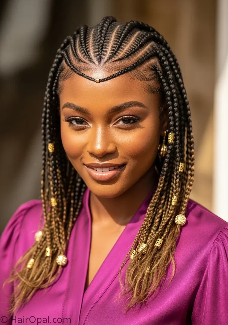 fulani braids hairstyles Black woman with classic center cornrow beads gold cuffs