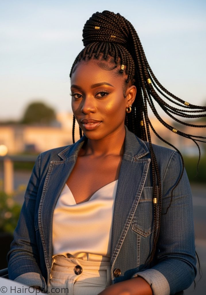 Black woman with Fulani braids half up ponytail fulani braids hairstyles natural hair updo