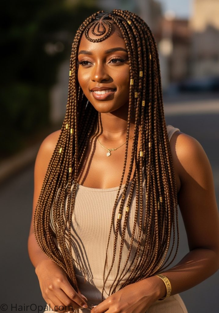 Black woman with long protective Fulani braids fulani braids hairstyles natural hair with weave