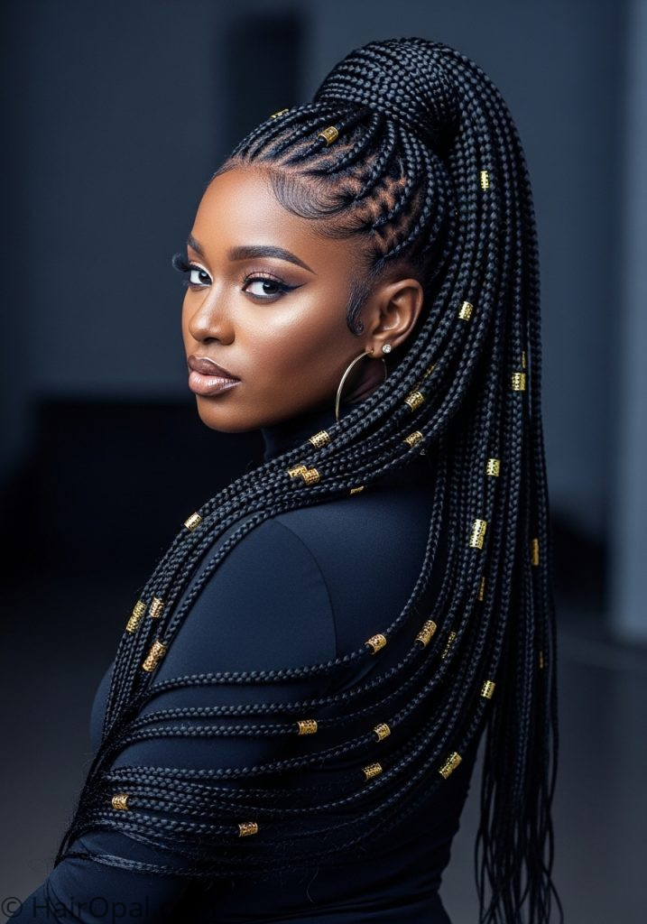 Black woman with Fulani braids high ponytail fulani braids hairstyles natural hair updo