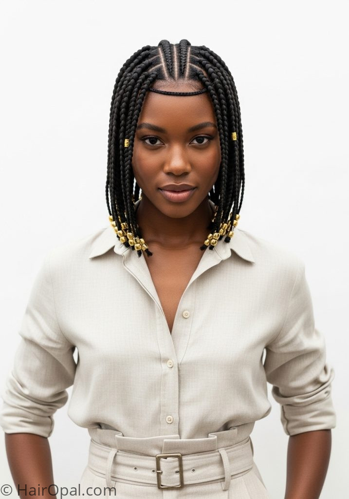 Black woman with short Fulani braids gold beads fulani braids hairstyles short natural hair