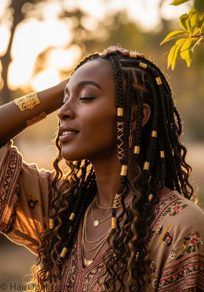 Black woman with wavy texture Fulani braids fulani braids hairstyles with curls boho