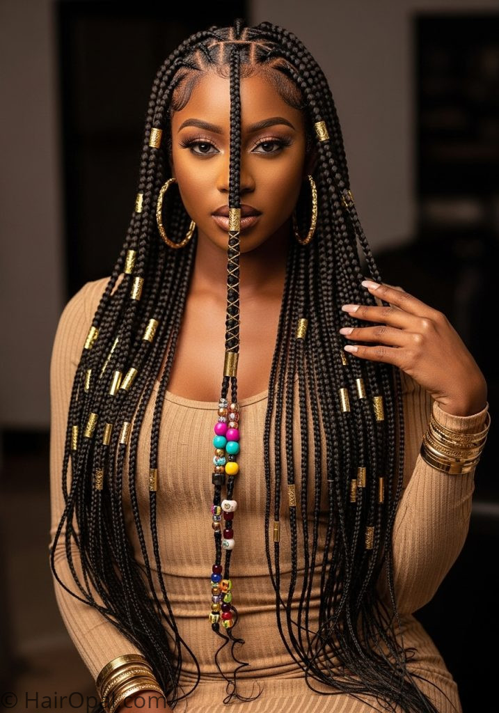 Black woman with long Fulani braids weave extensions fulani braids hairstyles with weave