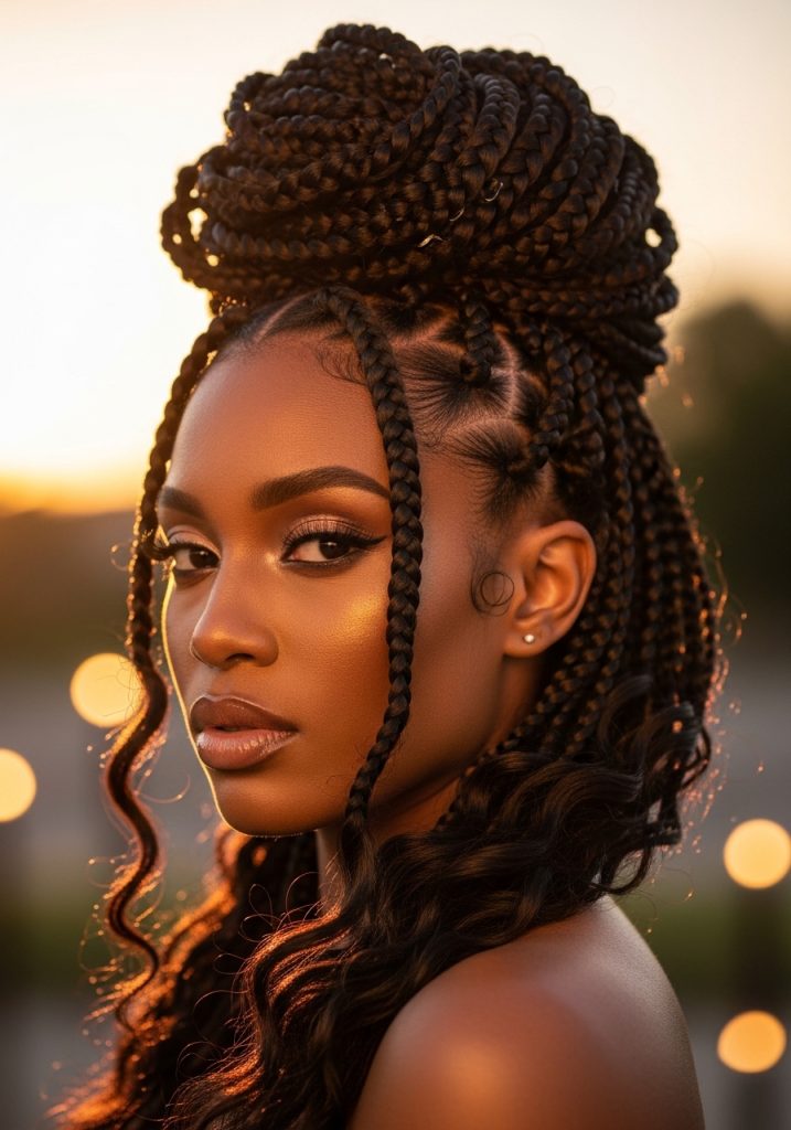 Black woman with goddess braid updo hairstyle, powerful and glamorous look
