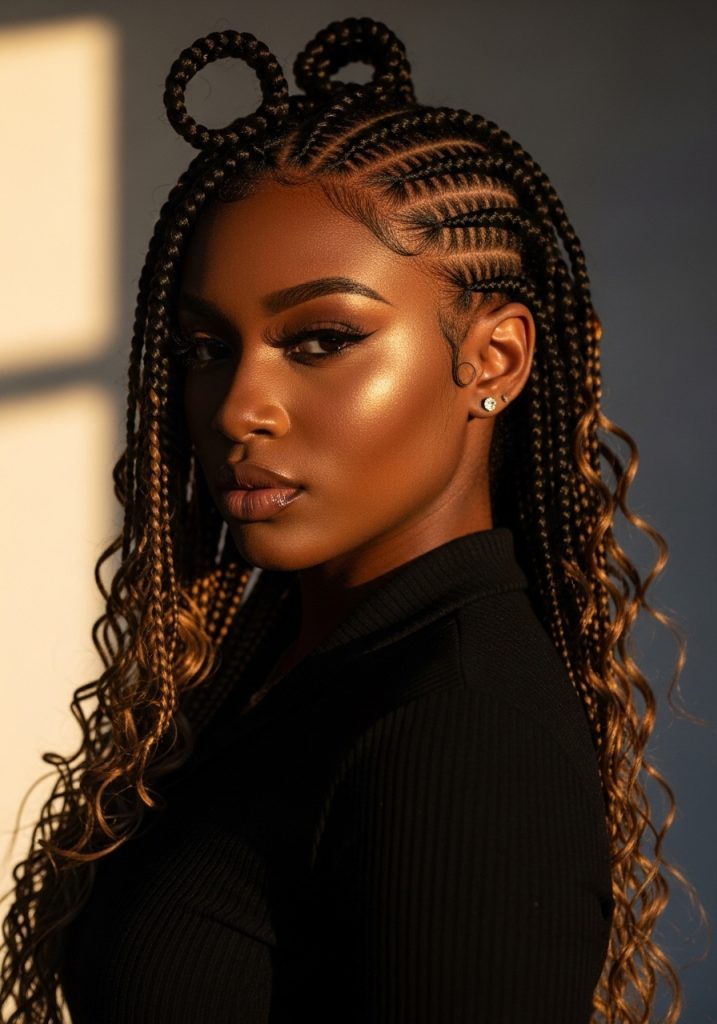 Black woman with goddess cornrow hairstyles, large raised cornrows with wavy ends
