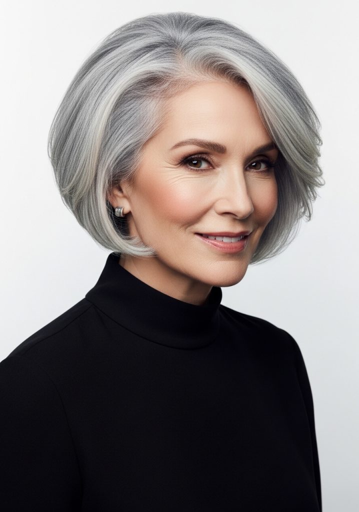 Older woman with chic grey bob short haircut, modern and sophisticated silver hair look