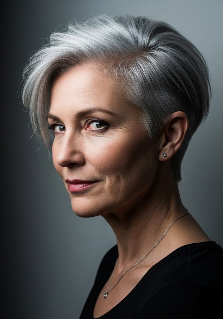 Older woman with grey pixie undercut short haircut, bold and modern look