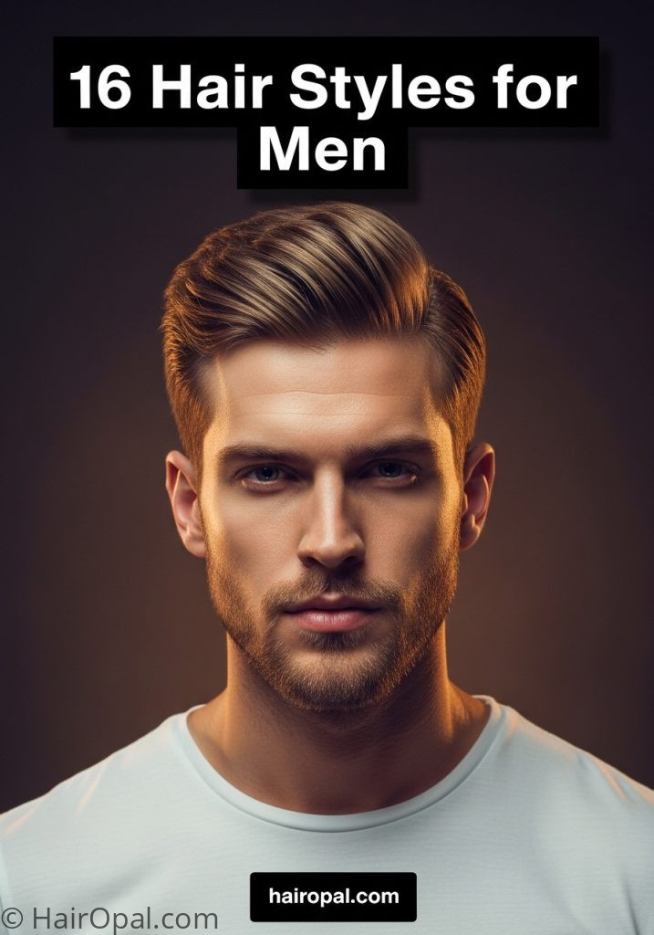 Man with modern haircut with text 16 hair styles for men