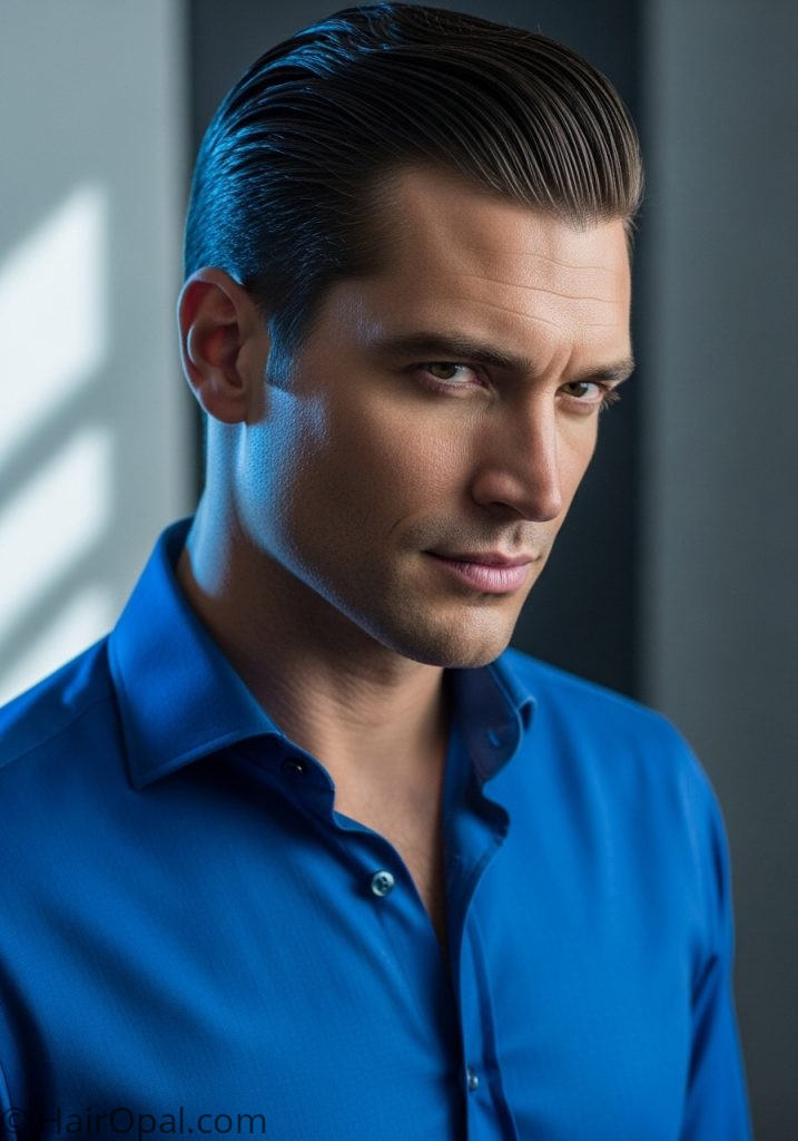 Man with slick back hard part hair styles for men medium length professional straight hair