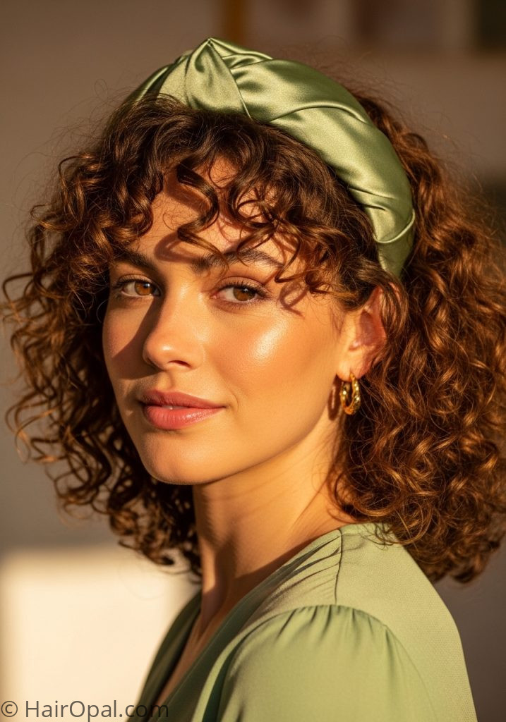 Curly medium length hair hairstyle with wide satin headband