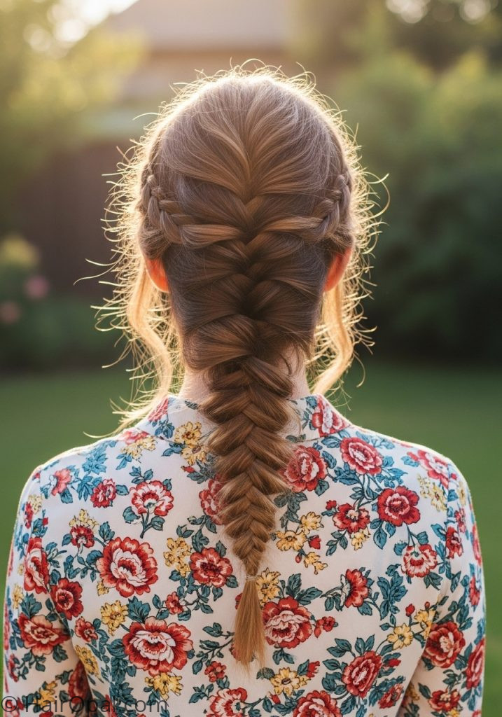 Loose French braid hairstyle for medium length hair