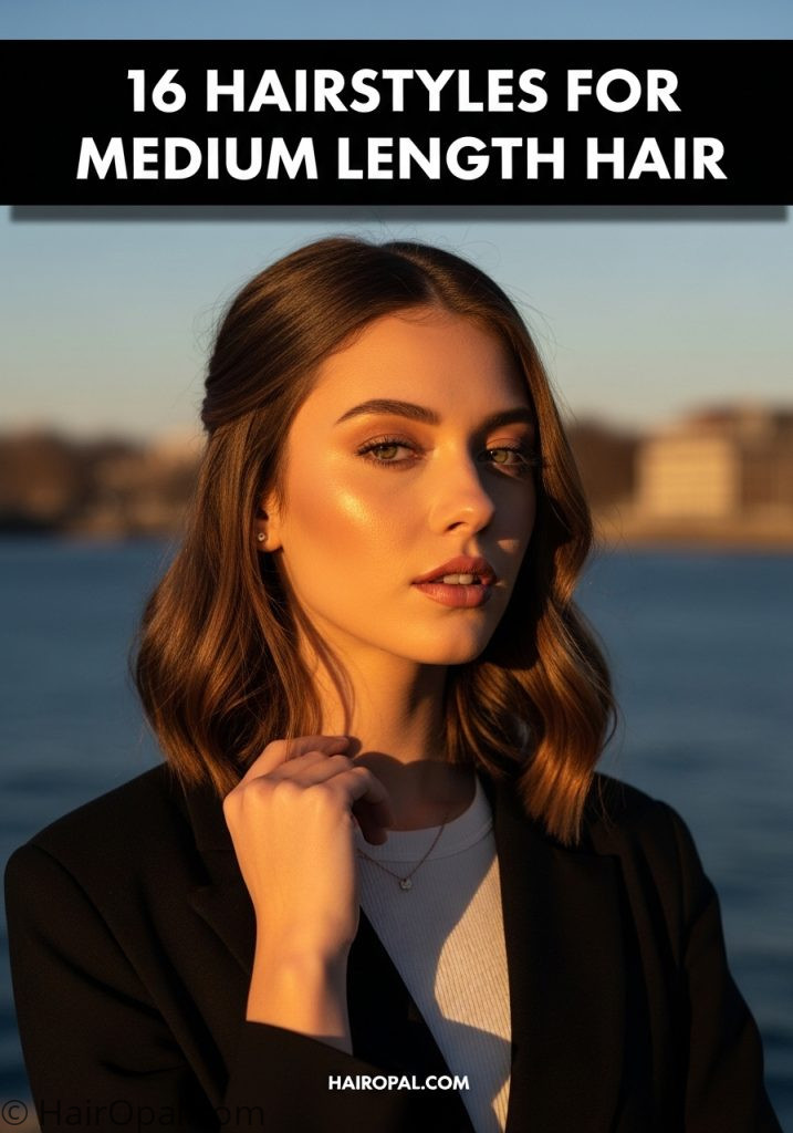 Woman with medium length hair hairstyle with text 16 hairstyles for medium length hair