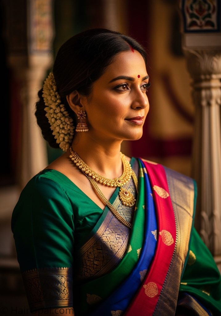 Indian hairstyle for medium length hair with gajra flower bun