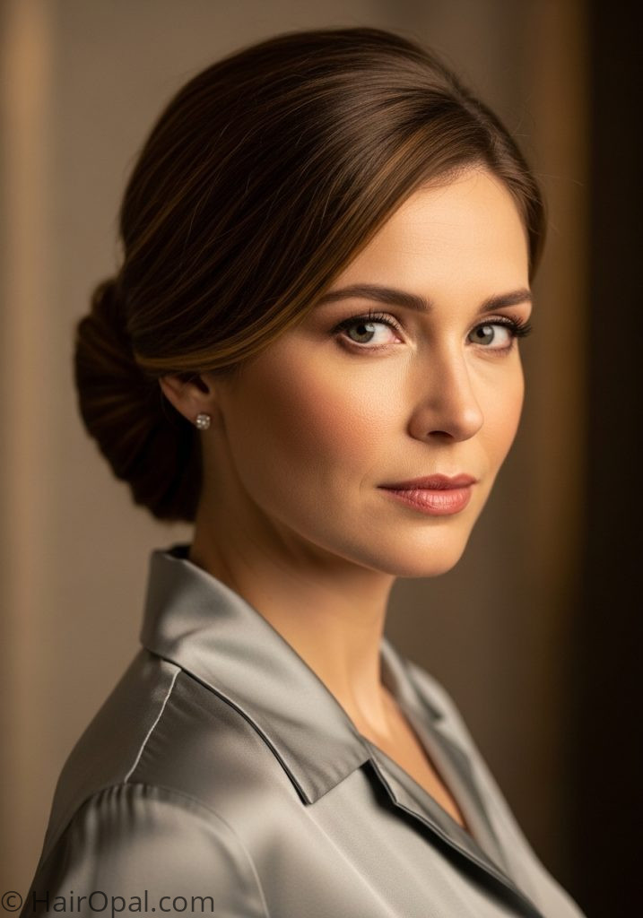 Low bun hairstyle for medium length hair