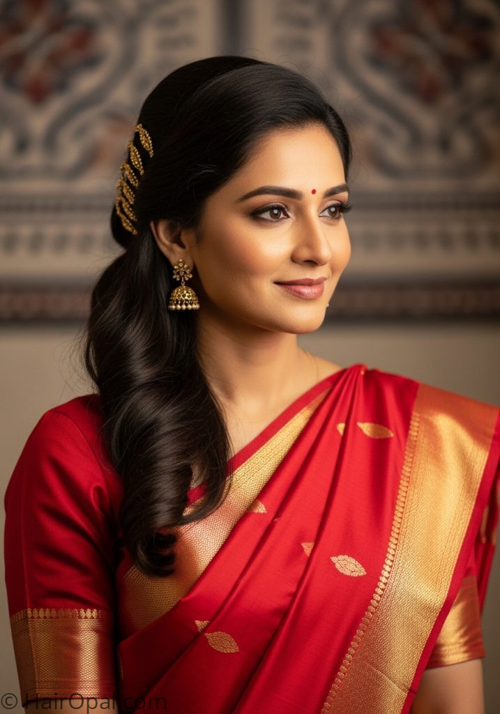 Saree hairstyle for medium length hair side-swept chignon with gold pins
