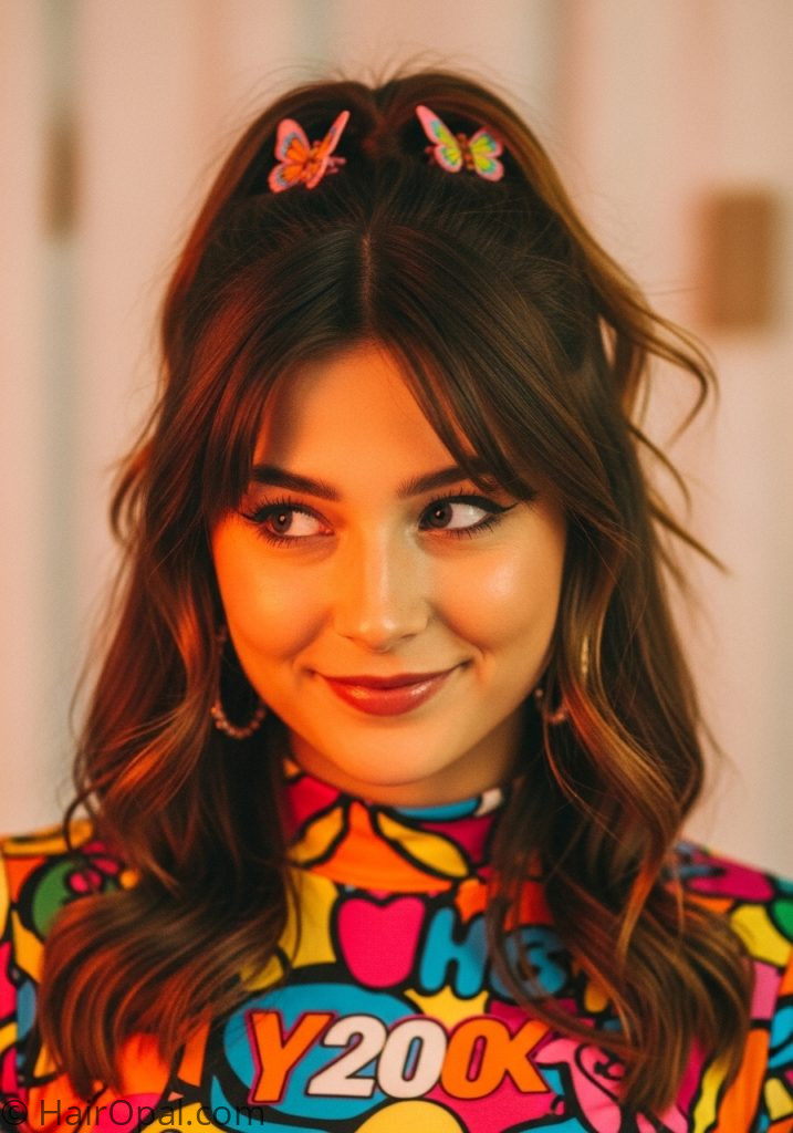 Y2K inspired hairstyle for medium length hair with butterfly clips