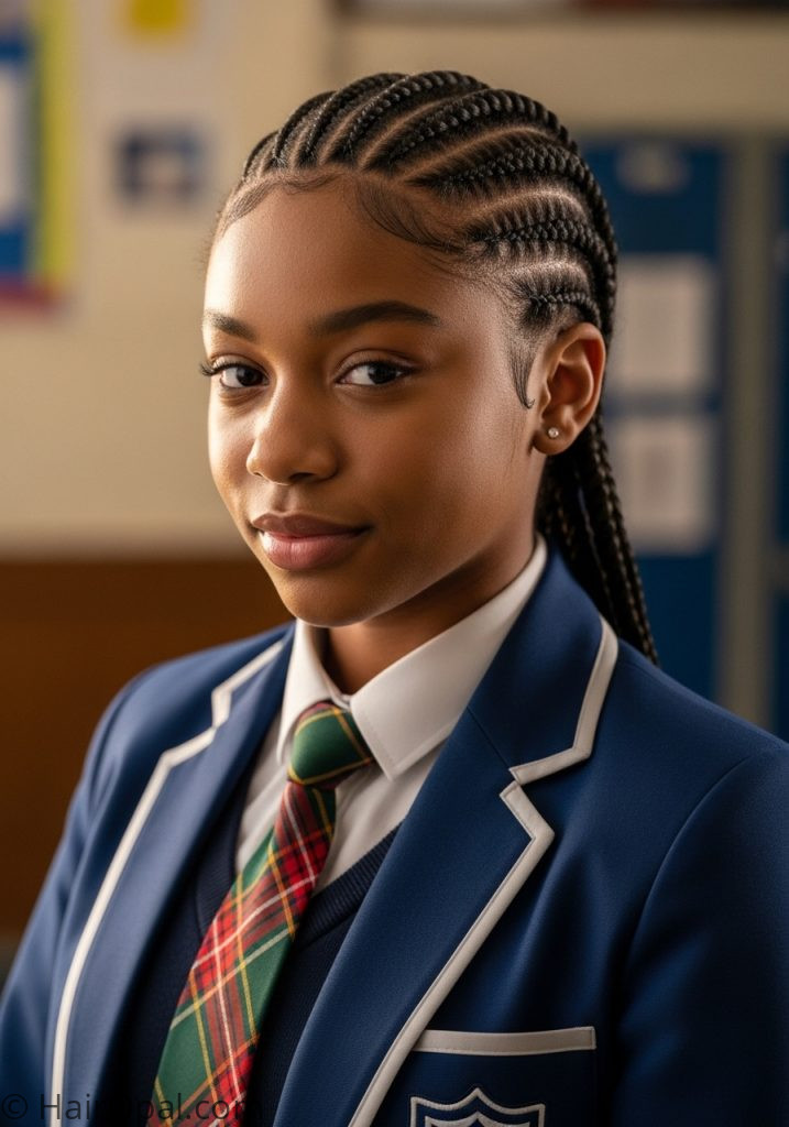 Black teenage girl with cornrow braids hairstyles for school black natural hair