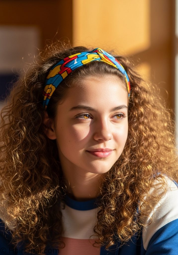 Teenage girl with curly hair down headband hairstyles for school curly hair