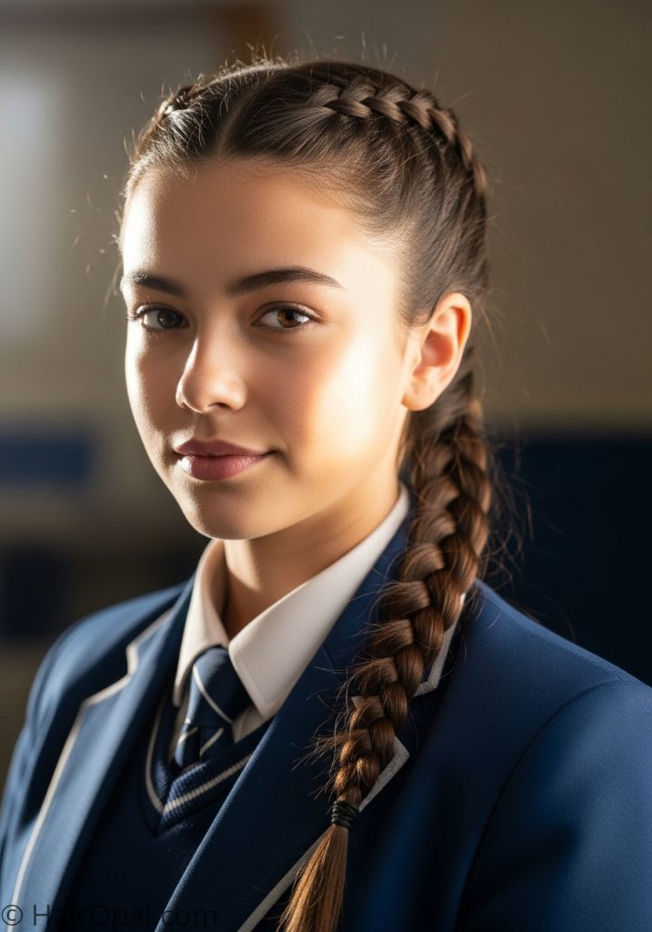 Teenage girl with neat French braid hairstyles for school braids