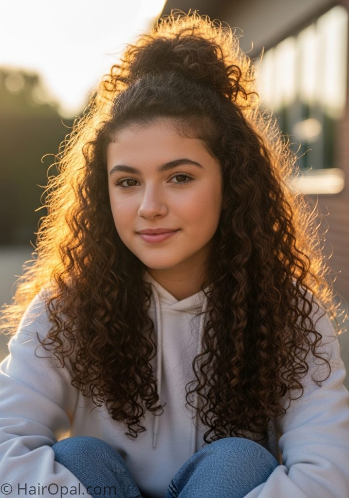 Teenage girl with half up curly bun hairstyles for school curly hair medium